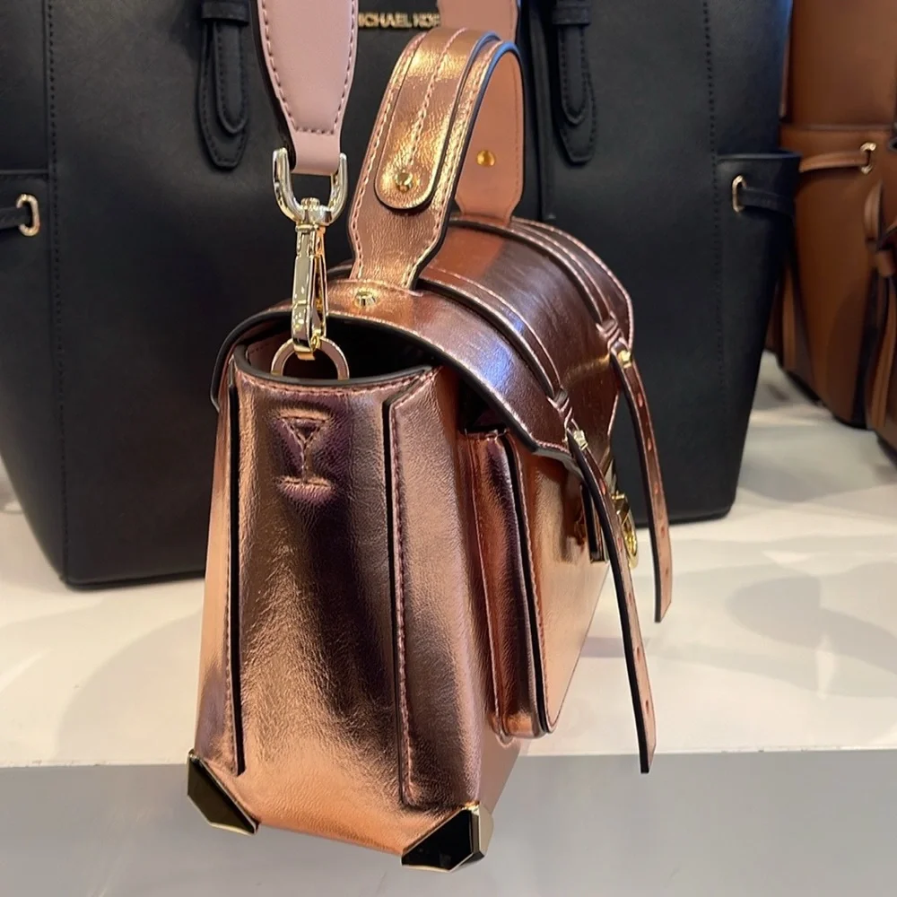 MICHAEL KORS Manhattan Medium TH SCHOOL Crackled Metallic Leather SATCHEL Mocha